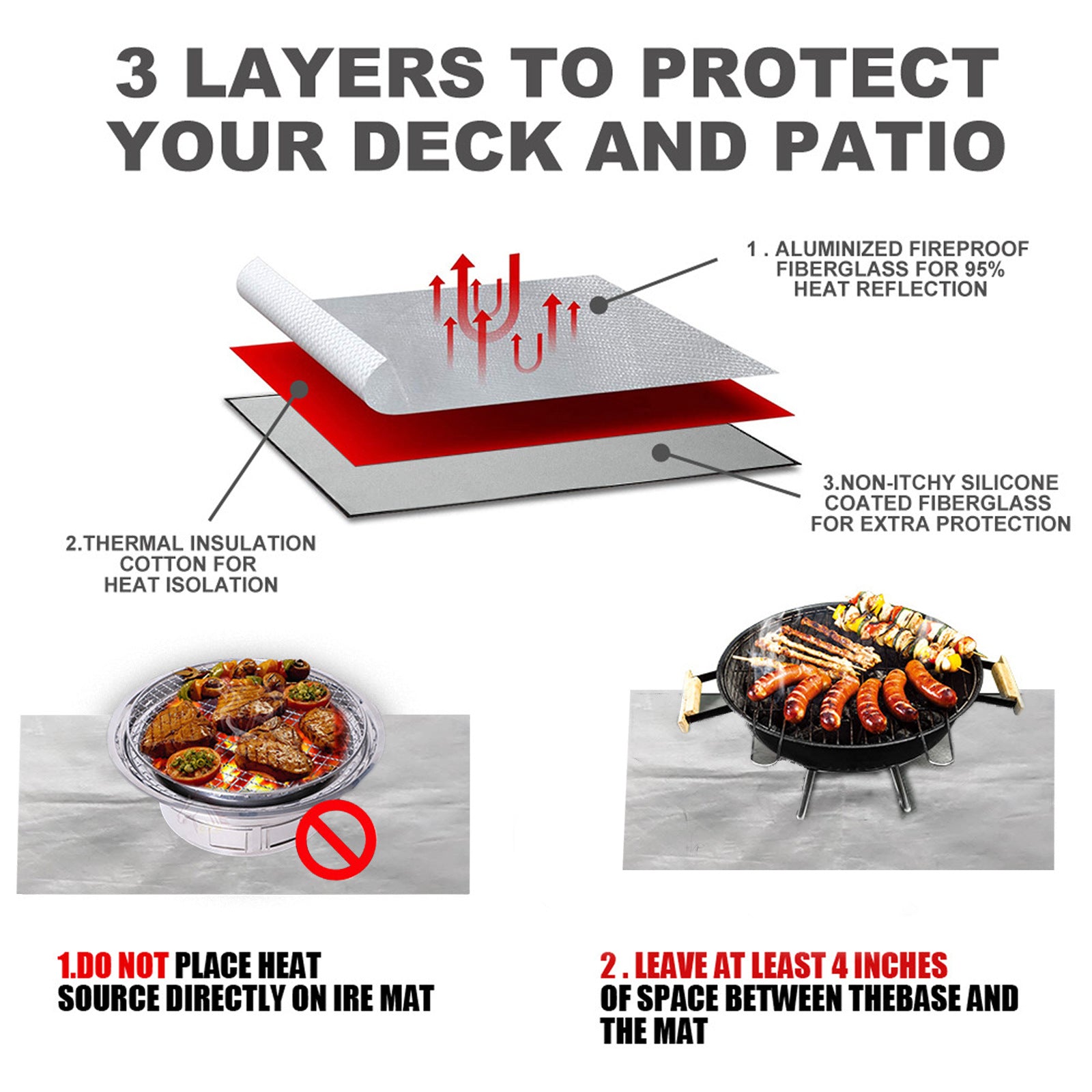 80x60 CM Outdoor Fire Pit Mat and Grill Pad - Up to 500°C Resistant Square Deck Protector for Barbecues, Fire Pits & Smokers - Image 2