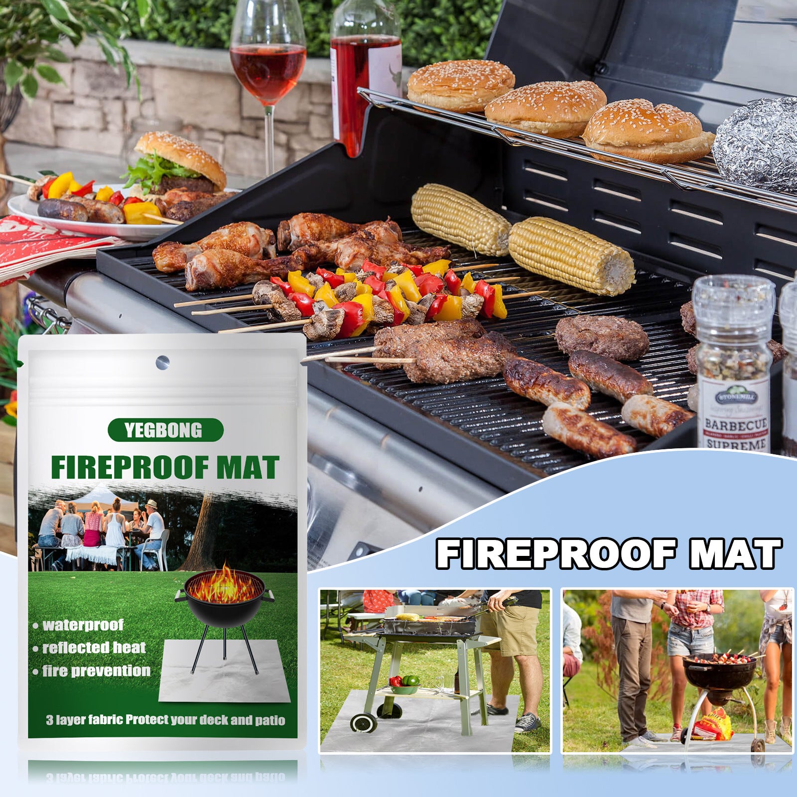 150x100 CM Outdoor Fire Pit Mat and Grill Pad - Up to 500°C Resistant Square Deck Protector for Barbecues, Fire Pits & Smokers