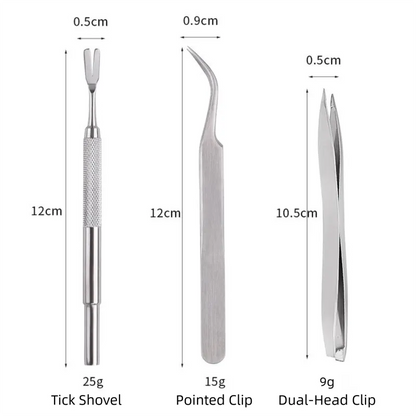 Stainless Steel Pet Tick Remover Tool Kit - Professional Fork, Double-Head Clip, and Curved Tweezers for Dogs and Cats - Image 3
