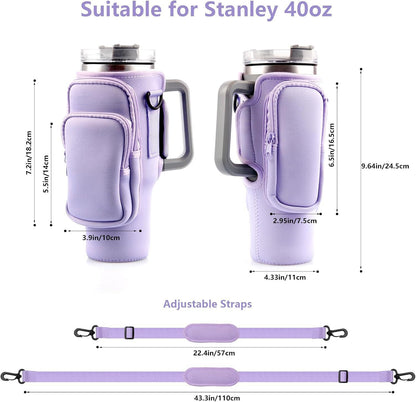 40oz Black Insulated Tumbler Carrier Sleeve with Adjustable Shoulder Strap - Neoprene Triple-Pocket Holder for Outdoor and Car Use - Image 3