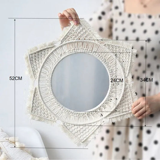 M0864 Bohemian Macrame Wall Hanging Mirror with Hand-Woven Petal Accents - Artistic Round Fringe Mirror for Home Decor - Image 2