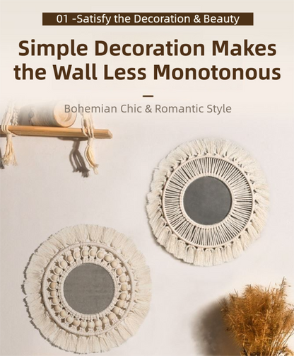 M0864 Bohemian Macrame Wall Hanging Mirror with Hand-Woven Petal Accents - Artistic Round Fringe Mirror for Home Decor - Image 4