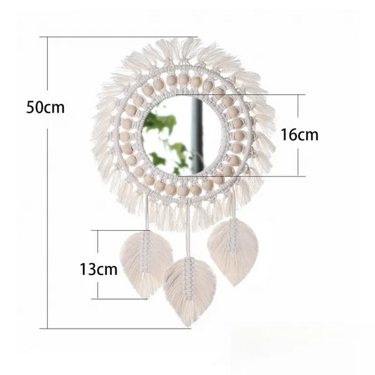 M0404 Bohemian Macrame Wall Hanging Mirror with Hand-Woven Petal Accents - Artistic Round Fringe Mirror for Home Decor