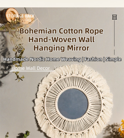 M0404 Bohemian Macrame Wall Hanging Mirror with Hand-Woven Petal Accents - Artistic Round Fringe Mirror for Home Decor - Image 2