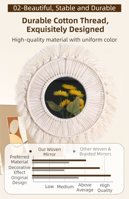 M0404 Bohemian Macrame Wall Hanging Mirror with Hand-Woven Petal Accents - Artistic Round Fringe Mirror for Home Decor - Image 4