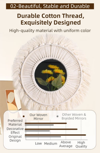 M0404 Bohemian Macrame Wall Hanging Mirror with Hand-Woven Petal Accents - Artistic Round Fringe Mirror for Home Decor - Image 4
