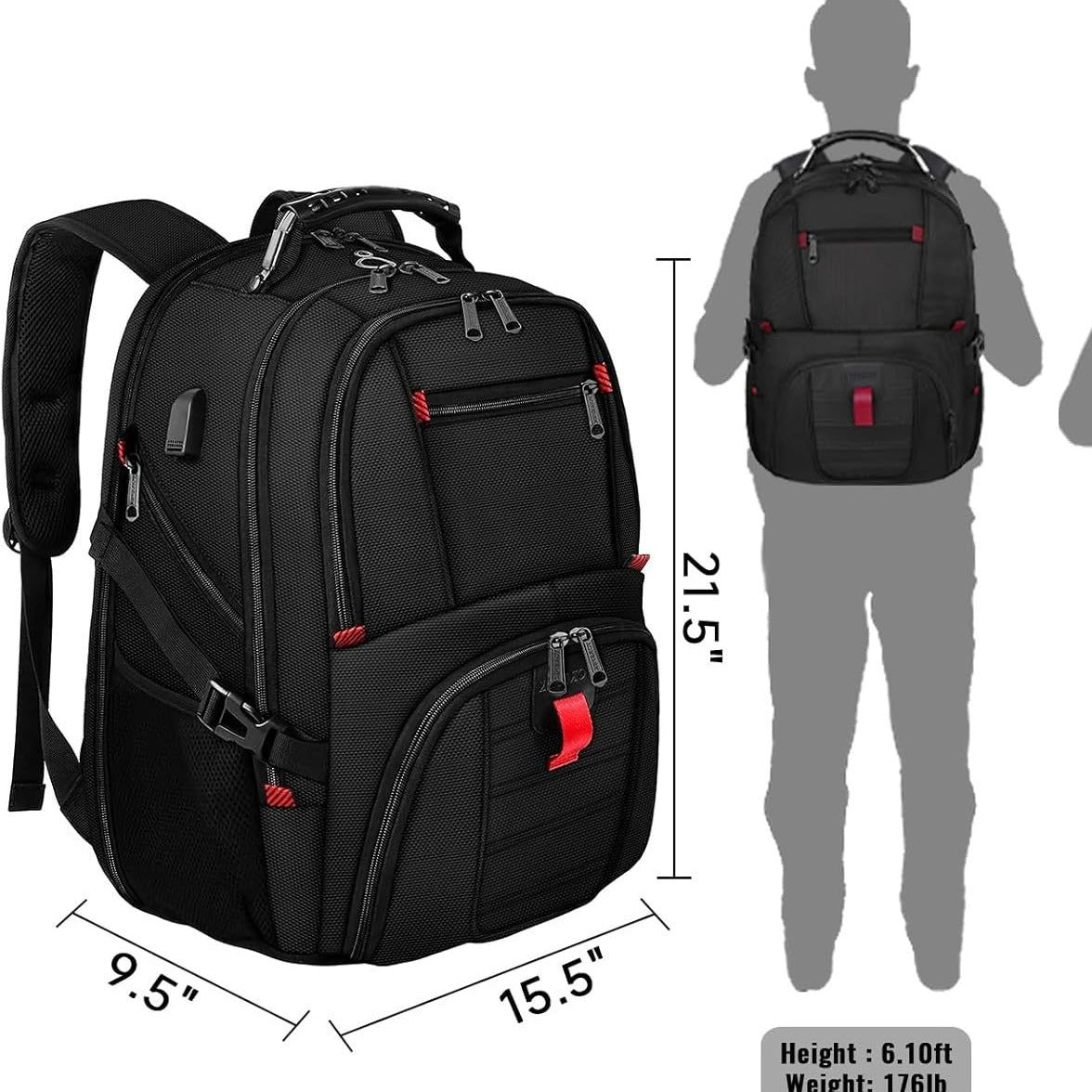 Black 50L Extra Large Laptop Backpack with USB Charging Port - Waterproof Oxford Fabric Travel & Business Bag, Fits up to 16-inch Laptops - Image 4