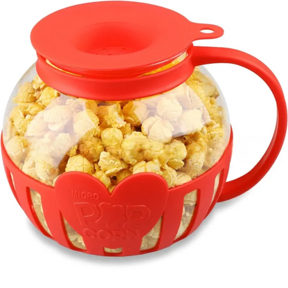 2.25QT Red Borosilicate Glass Microwave Popcorn Popper - Healthy Chemical-Free Snack Maker - Dishwasher Safe & Wide Mouth Design