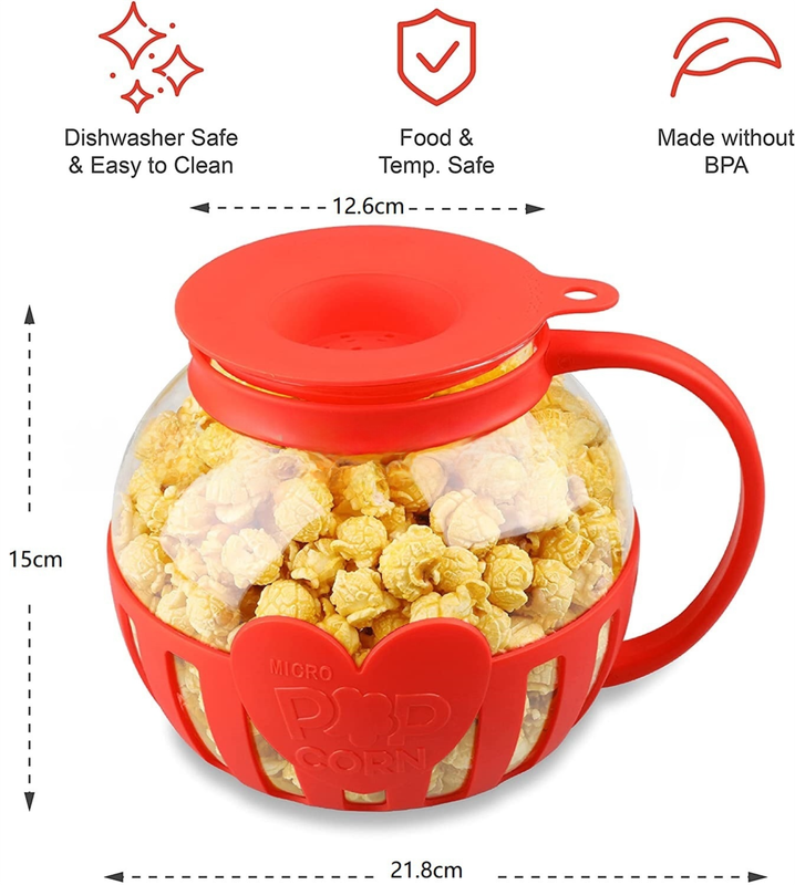2.25QT Red Borosilicate Glass Microwave Popcorn Popper - Healthy Chemical-Free Snack Maker - Dishwasher Safe & Wide Mouth Design - Image 2