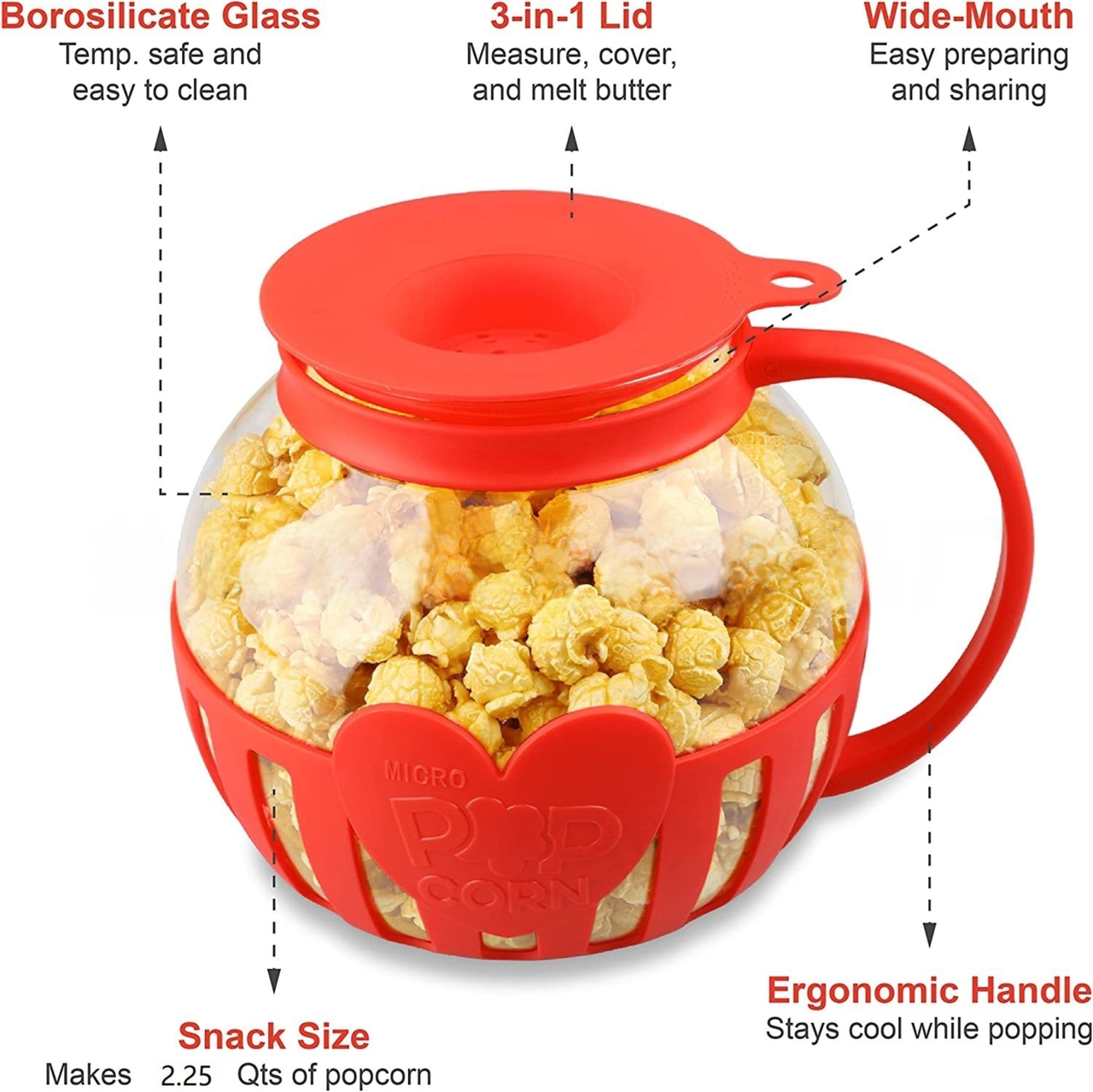 2.25QT Red Borosilicate Glass Microwave Popcorn Popper - Healthy Chemical-Free Snack Maker - Dishwasher Safe & Wide Mouth Design - Image 3