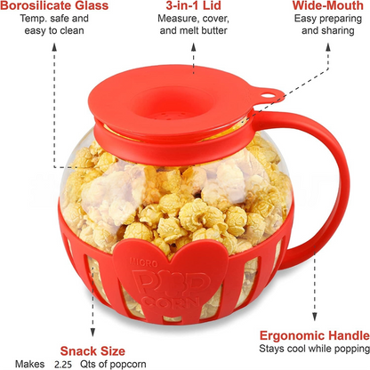 2.25QT Red Borosilicate Glass Microwave Popcorn Popper - Healthy Chemical-Free Snack Maker - Dishwasher Safe & Wide Mouth Design - Image 3