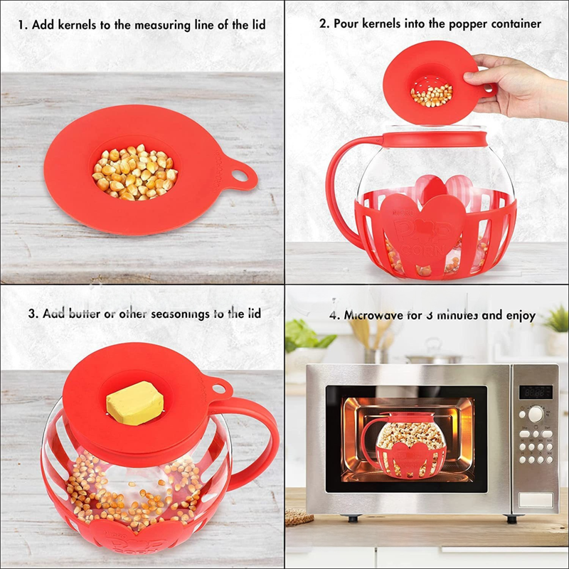 2.25QT Red Borosilicate Glass Microwave Popcorn Popper - Healthy Chemical-Free Snack Maker - Dishwasher Safe & Wide Mouth Design - Image 4