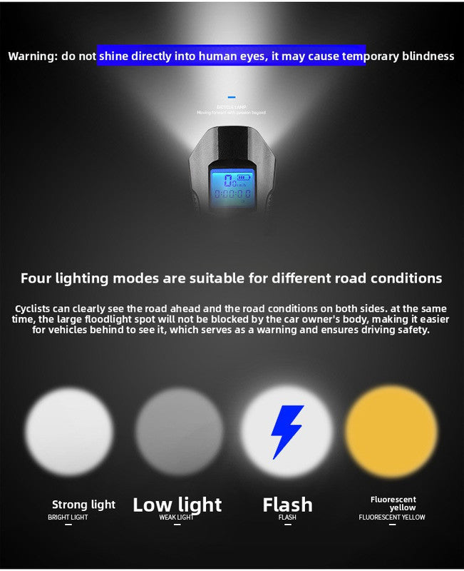 Black Professional 3-in-1 Waterproof Bicycle Headlight with Integrated Speedometer & Horn - High-Lumen Night Riding Safety Lamp, USB Rechargeable Bike Computer - Image 3