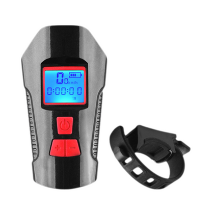 Red Professional 3-in-1 Waterproof Bicycle Headlight with Integrated Speedometer & Horn - High-Lumen Night Riding Safety Lamp, USB Rechargeable Bike Computer