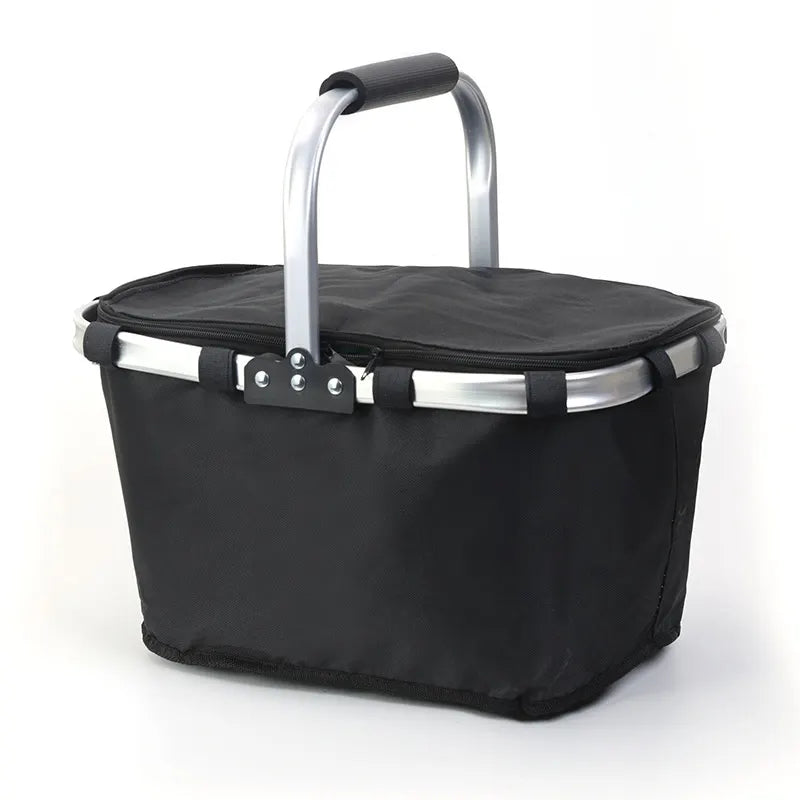 Black Foldable Insulated Picnic Basket With Zipper Lid & Handle - Modern Minimalist Large Capacity Thermal Shopping Basket for Grocery, Camping, and Meal Delivery