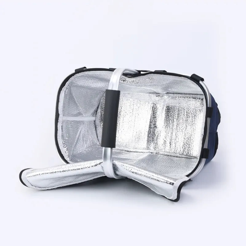 Blue Foldable Insulated Picnic Basket With Zipper Lid & Handle - Modern Minimalist Large Capacity Thermal Shopping Basket for Grocery, Camping, and Meal Delivery - Image 2