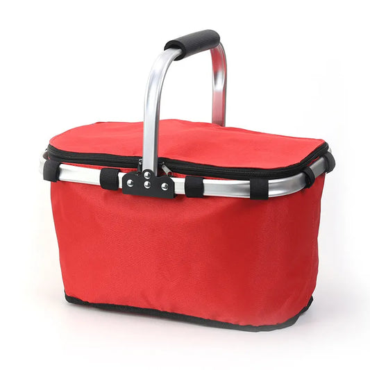 Red Foldable Insulated Picnic Basket With Zipper Lid & Handle - Modern Minimalist Large Capacity Thermal Shopping Basket for Grocery, Camping, and Meal Delivery