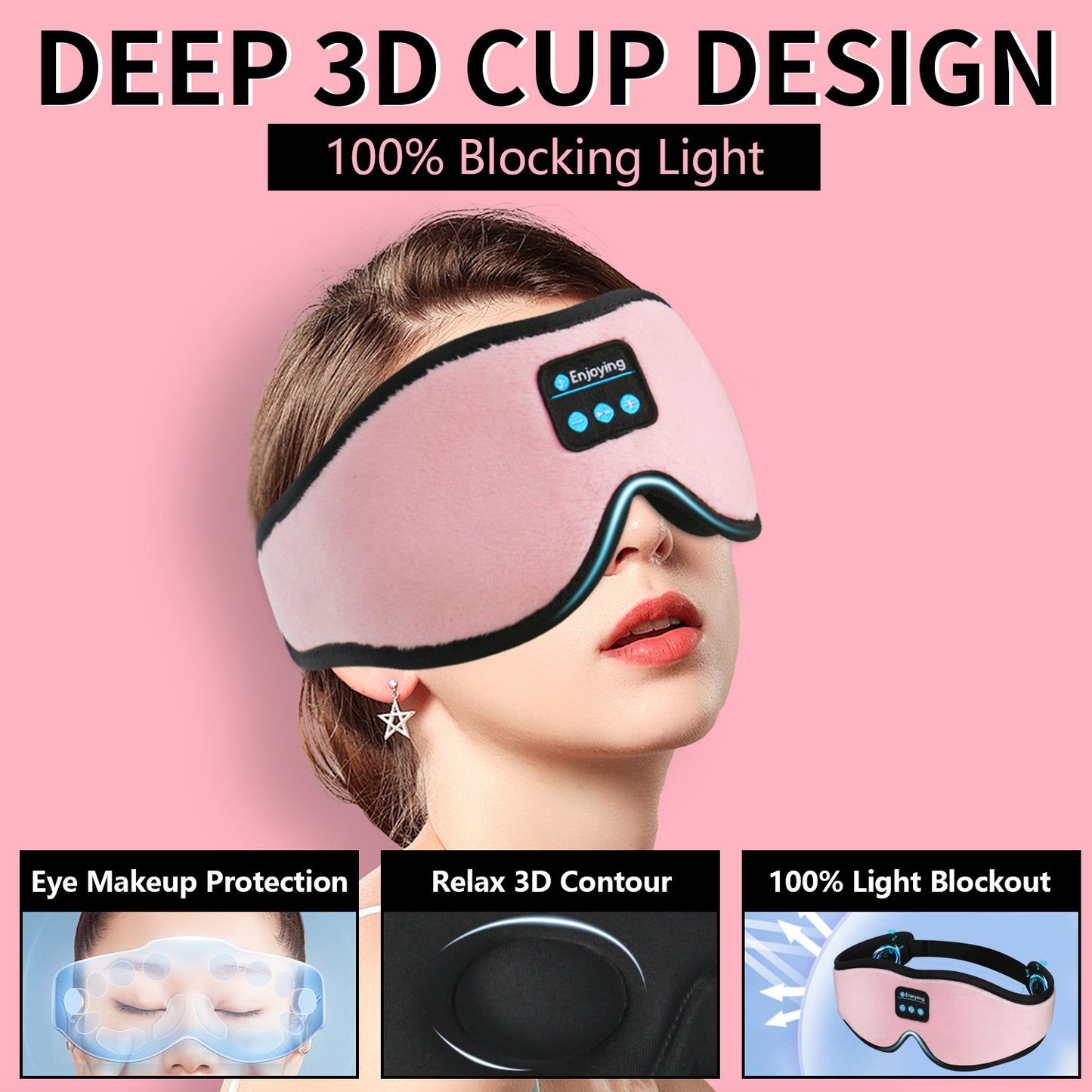 Black 3D Wireless Bluetooth Sleep Mask with Integrated Stereo Headphones - 100% Blackout Memory Foam Eye Mask, Ultra-Long Battery Life & Washable Design - Image 3