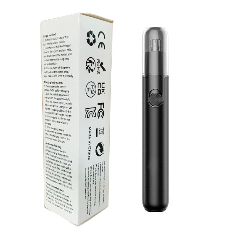 CX-D11 Black Electric Nose Hair Trimmer(12x2.5CM) - High-Speed 360° Rotating Blade, Painless Ear and Nose Hair Groomer with USB Charging