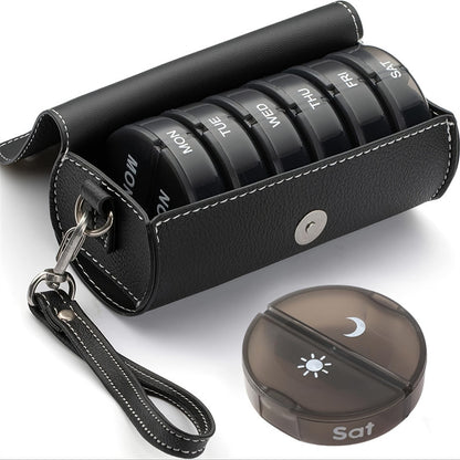 Portable 7-Day Weekly Travel Pill Organizer with Black PU Leather Pouch - 14 Black Compartments AM/PM Medication Planner, Dustproof & Light-Shielding