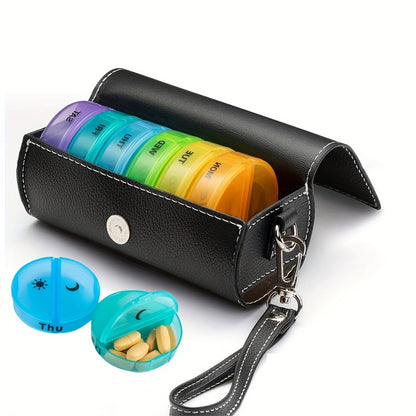 Portable 7-Day Weekly Travel Pill Organizer with Black PU Leather Pouch - 14 Black Compartments AM/PM Medication Planner, Dustproof & Light-Shielding - Image 4