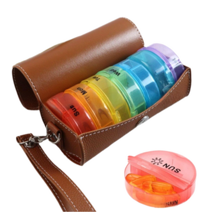 Portable 7-Day Weekly Travel Pill Organizer with Brown PU Leather Pouch - 14 Colorful Compartments AM/PM Medication Planner, Dustproof & Light-Shielding - Image 4
