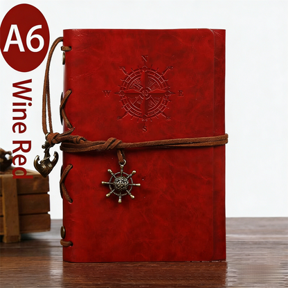2-Pack A6 Nautical Vintage PU Leather Student Notebook - Pirate Style Strapped Diary with 150 Pages of Refillable Kraft Paper(Wine Red)
