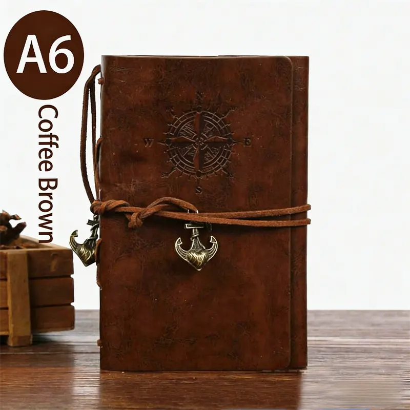 2-Pack A6 Nautical Vintage PU Leather Student Notebook - Pirate Style Strapped Diary with 150 Pages of Refillable Kraft Paper(Coffee Brown)