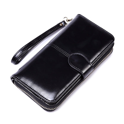Black Women's Long Buckle Closure Wallet - PU Lether Large Capacity Multi-Slot Card Holder & Purse Combo wIth Wristband
