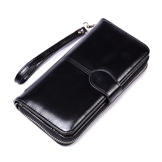Black Women's Long Buckle Closure Wallet - PU Lether Large Capacity Multi-Slot Card Holder & Purse Combo wIth Wristband