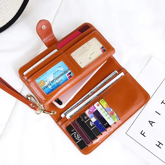 Brown Women's Long Buckle Closure Wallet - PU Lether Large Capacity Multi-Slot Card Holder & Purse Combo wIth Wristband - Image 2