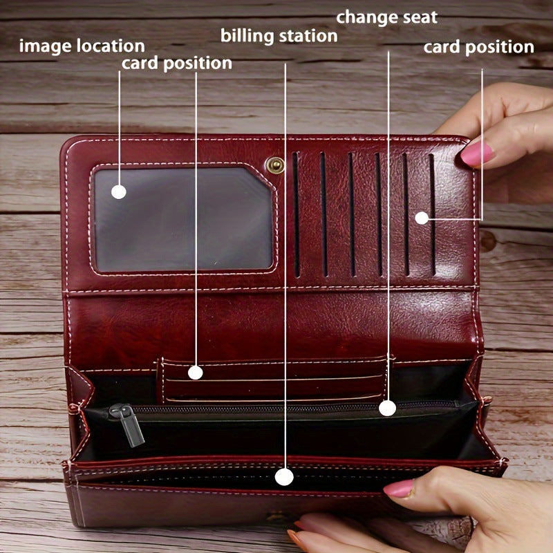 Black Women's Vintage Oil Wax Leather Long Wallet - Elegant Large Capacity Purse with Secure Zipper - Image 3