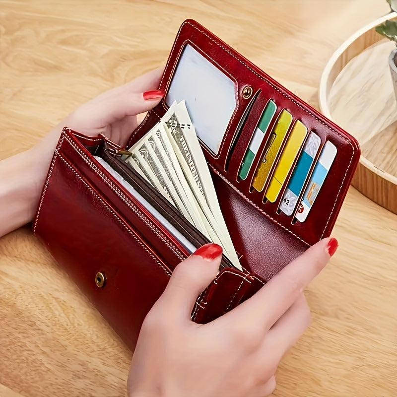 Peacock Blue Women's Vintage Oil Wax Leather Long Wallet - Elegant Large Capacity Purse with Secure Zipper - Image 2