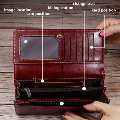 Peacock Blue Women's Vintage Oil Wax Leather Long Wallet - Elegant Large Capacity Purse with Secure Zipper - Image 3