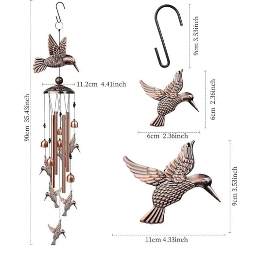 90cm Large Creative Hummingbirds Vintage Metal Tube Wind Chimes - Handcrafted Musical Hanging Decor for Garden and Home with Hanging Hook - Image 2