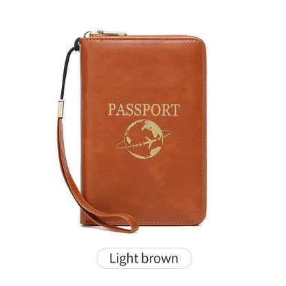 Light Brown RFID Blocking Travel Passport Holder - Multi-functional Waterproof PU Leather Security Travel Wallet with Zipper and Wristband