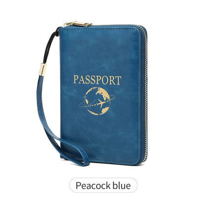 Peacock Blue RFID Blocking Travel Passport Holder - Multi-functional Waterproof PU Leather Security Travel Wallet with Zipper and Wristband