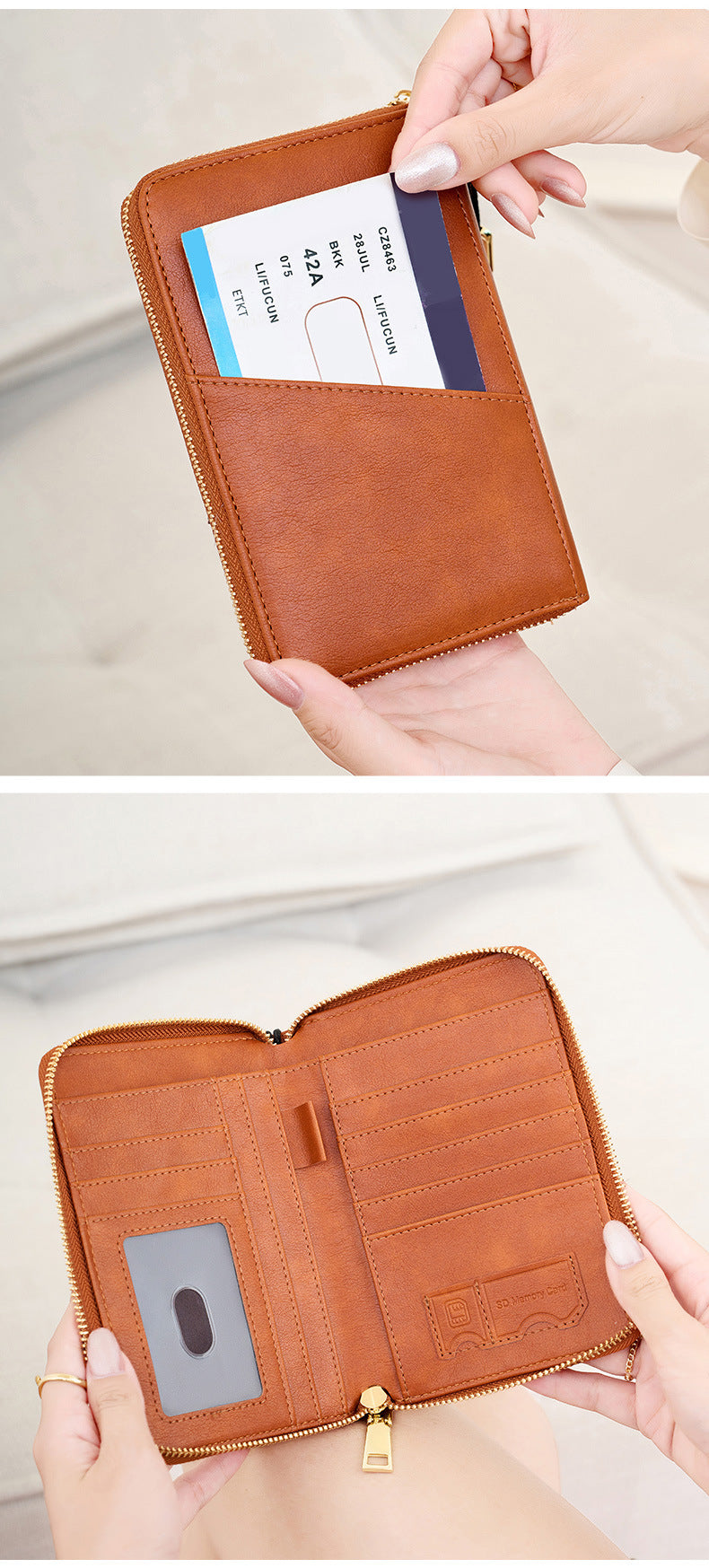 Pink RFID Blocking Travel Passport Holder - Multi-functional Waterproof PU Leather Security Travel Wallet with Zipper and Wristband - Image 3