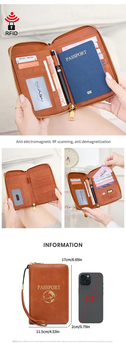 Pink RFID Blocking Travel Passport Holder - Multi-functional Waterproof PU Leather Security Travel Wallet with Zipper and Wristband - Image 4