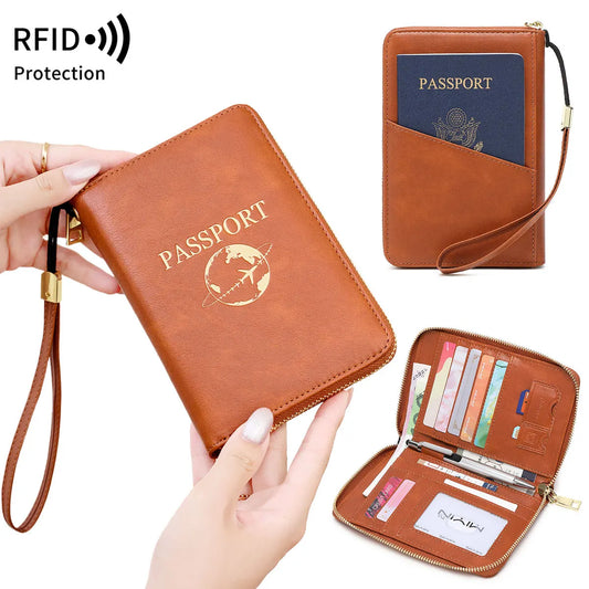Red RFID Blocking Travel Passport Holder - Multi-functional Waterproof PU Leather Security Travel Wallet with Zipper and Wristband - Image 2