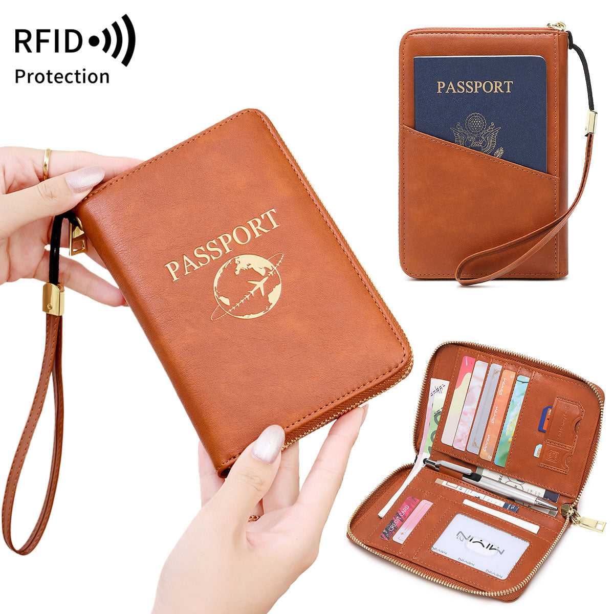 Green RFID Blocking Travel Passport Holder - Multi-functional Waterproof PU Leather Security Travel Wallet with Zipper and Wristband - Image 2