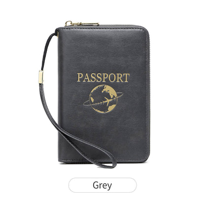 Grey RFID Blocking Travel Passport Holder - Multi-functional Waterproof PU Leather Security Travel Wallet with Zipper and Wristband