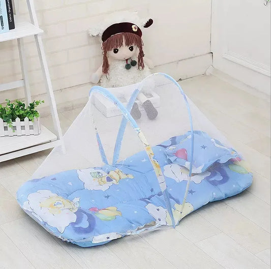 Blue Portable 3-in-1 Mosquito Net Set with Soft Sleep Pad & Pillow - Foldable Pop-Up Travel Bassinet for Infants, Breathable Shield for Indoor & Outdoor Use - Image 3