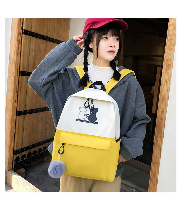 4-Piece Yellow Student Backpack Set with Cat Print - Durable Canvas School Bag Combo - Includes Backpack, Tote Bag, Crossbody Bag & Pencil Case - Image 5