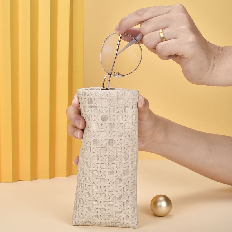 3-Pack Beige Woven Texture Eyeglass Cases - Retro PU Leather Anti-Pressure Glasses Pouch - Image 2