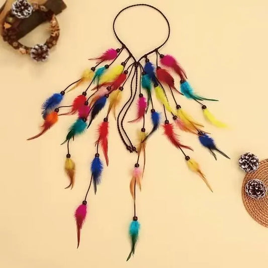 Bohemian Colorful Feather Headband - Ethnic Style Forehead Accessory & Hair Rope for Beach Vacations and Festivals