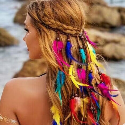 Bohemian Colorful Feather Headband - Ethnic Style Forehead Accessory & Hair Rope for Beach Vacations and Festivals - Image 3