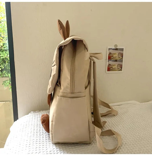 Khaki Lightweight Nylon Waterproof Schoolbag for Children - Large Capacity Daypack with Ugly-Cute Cat Design - Image 2