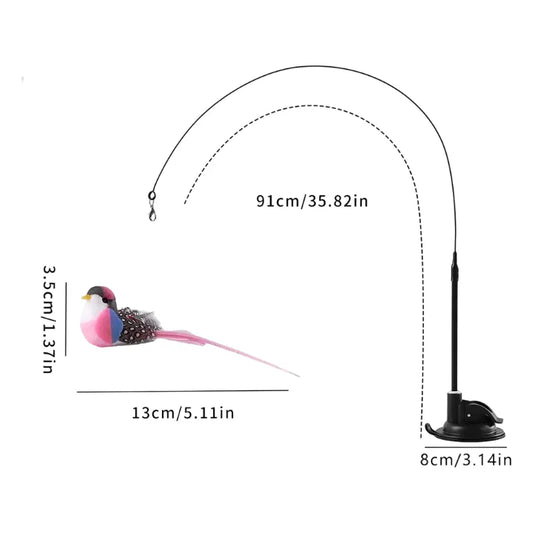 Interactive Self-Play Cat Wand with Suction Base - Automatic Bouncing Teaser Including Bell & 3 Bird Attachments(Pink)