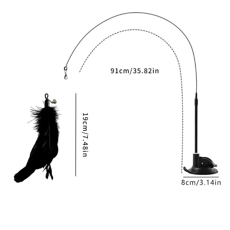Interactive Self-Play Cat Wand with Suction Base, Feather & Bell - Automatic Bouncing Teaser(Black)